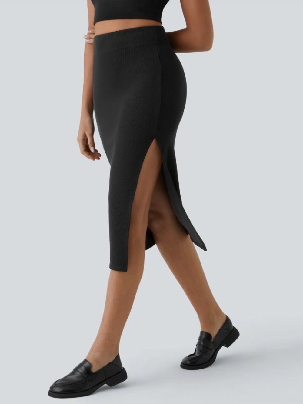 Halara Black Ribbed High Waisted Bodycon Midi Skirt Side Slit XL